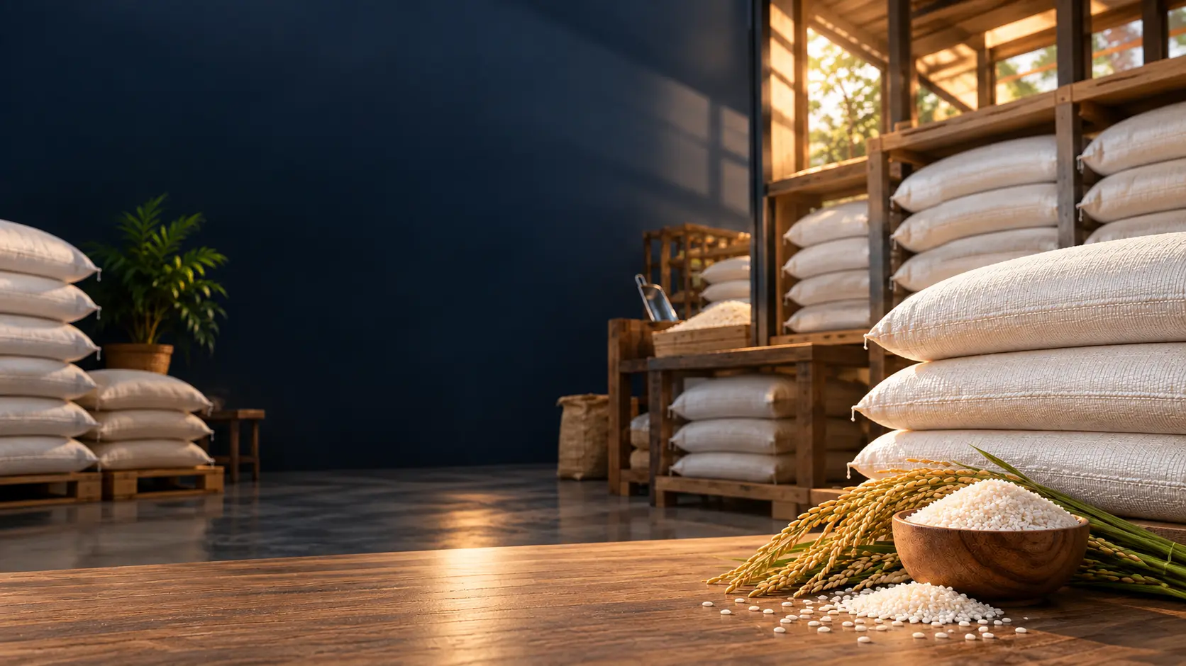 Rice sacks, loose rice, and rice stalks in a bigasan setting