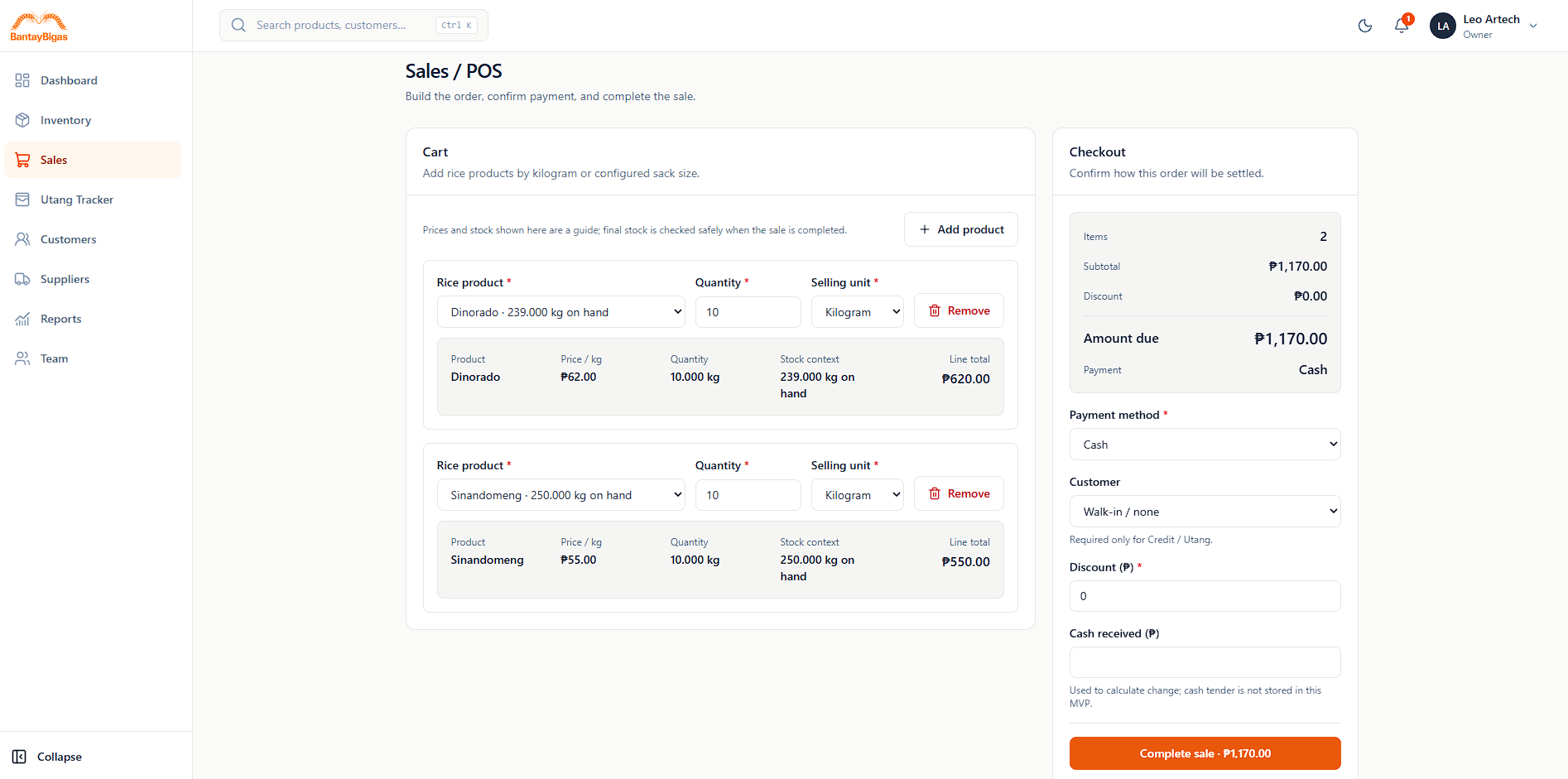BantayBigas Sales POS screen showing kilogram quantities, cart items, and checkout