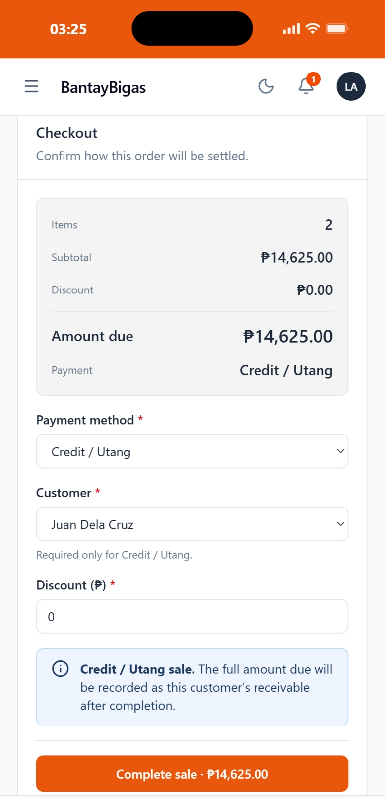 BantayBigas mobile POS checkout with Credit and Utang selected