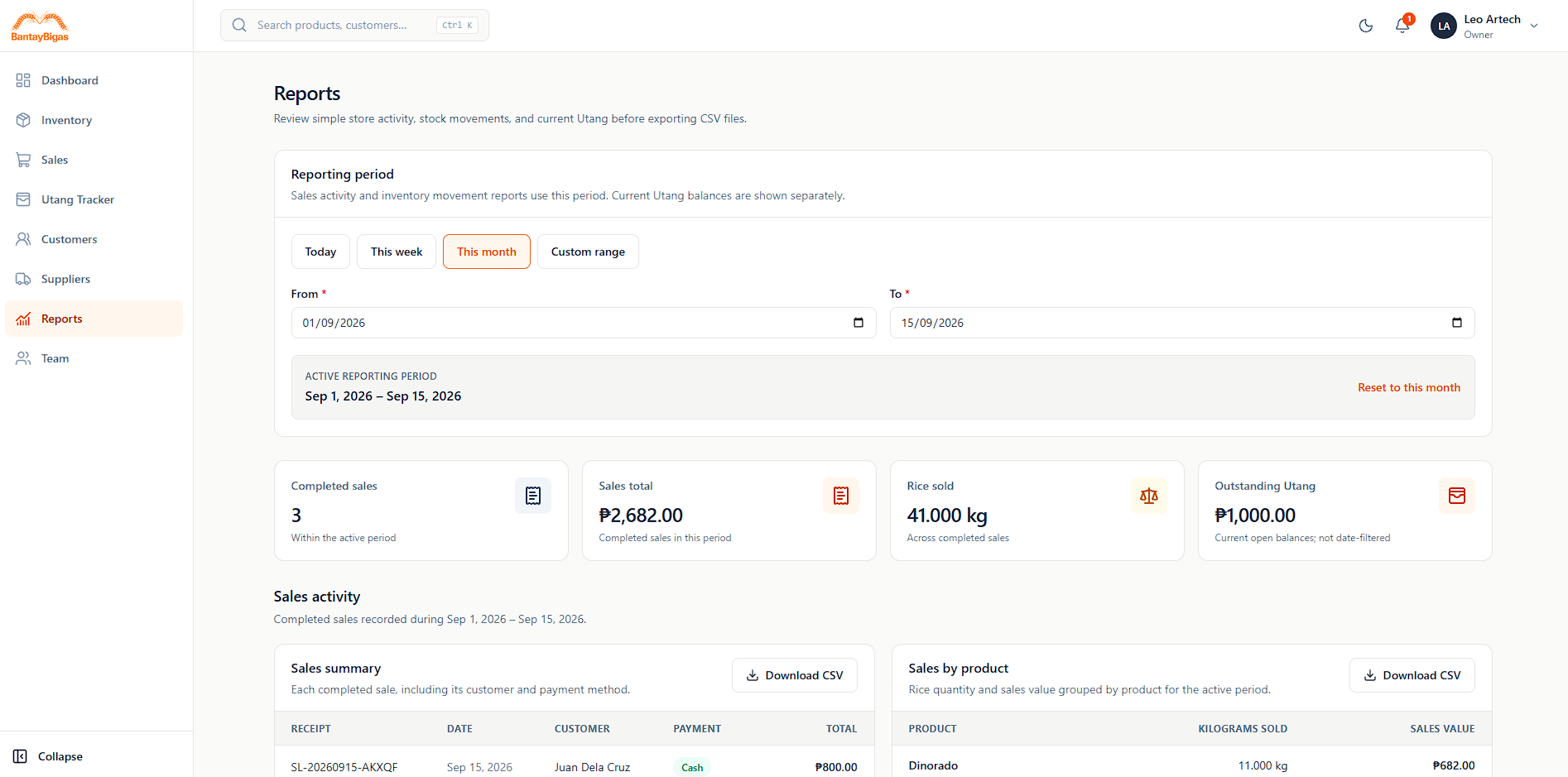 BantayBigas Reports screen showing sales activity, rice sold, outstanding Utang, and CSV export controls